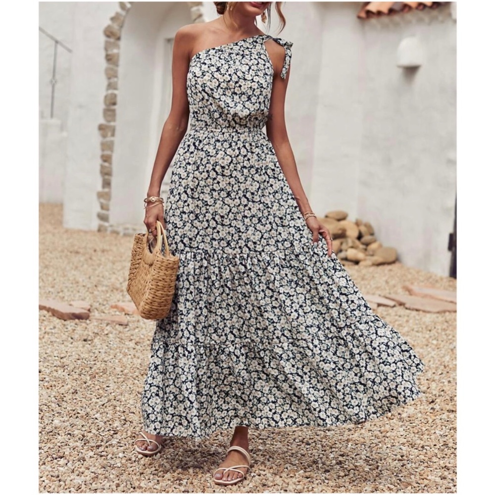 Boho Floral Print One Shoulder Ruffle Maxi Dress - Picture 1 of 3